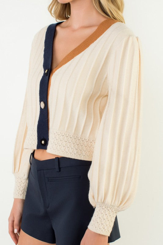 THML Women's Sweaters Balloon Sleeve Colorblock Knit Cardigan