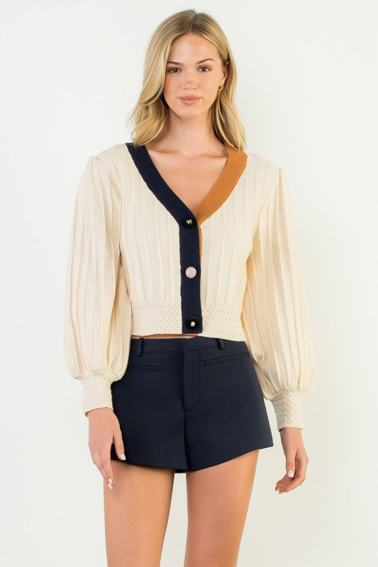 THML Women's Sweaters Balloon Sleeve Colorblock Knit Cardigan