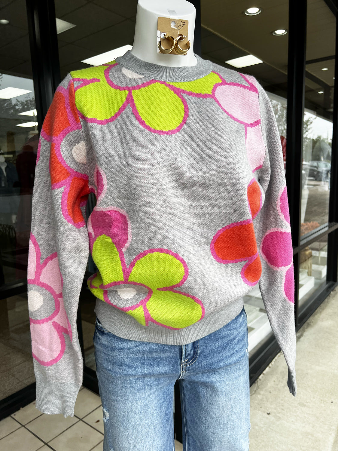 THML Women's Sweaters Color Block Flower Knit Sweater