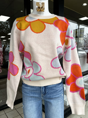 THML Women's Sweaters MUSTARD / XS Color Block Flower Knit Sweater TMK2223