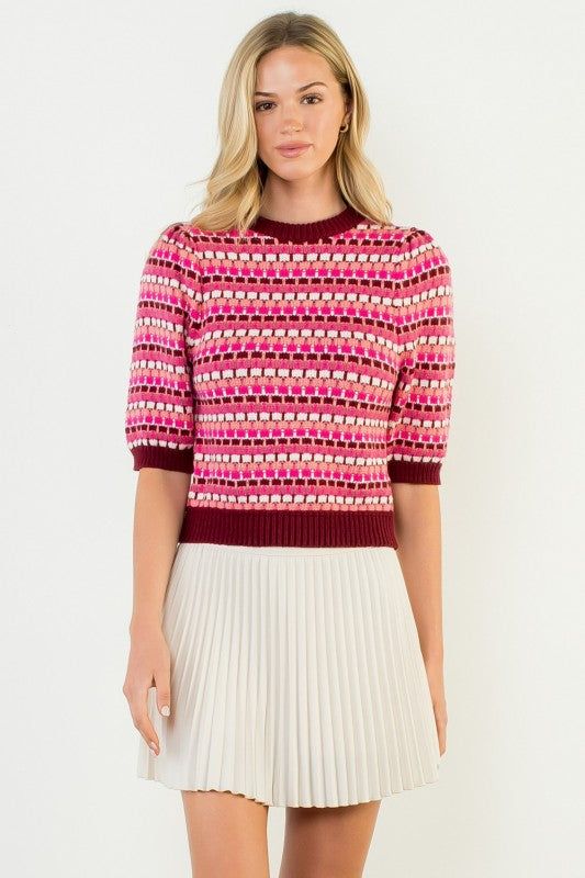 THML Women's Sweaters Textured Stripe Puff Sleeve Knit Top