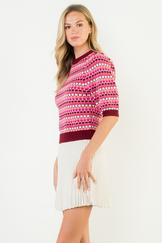 THML Women's Sweaters Textured Stripe Puff Sleeve Knit Top