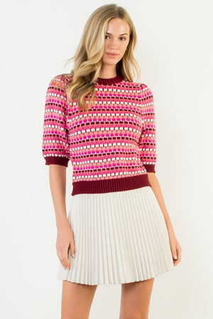 THML Women's Sweaters Textured Stripe Puff Sleeve Knit Top