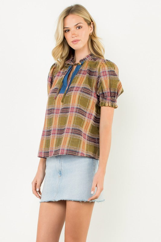 THML Women's Top Plaid Puff Sleeve Contrast Neck Top
