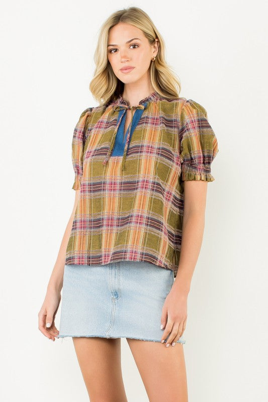 THML Women's Top Plaid Puff Sleeve Contrast Neck Top