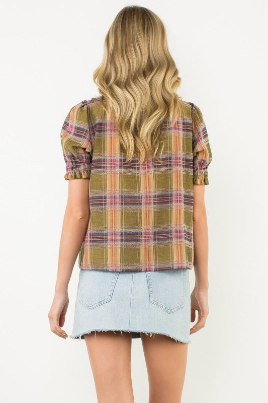 THML Women's Top Plaid Puff Sleeve Contrast Neck Top