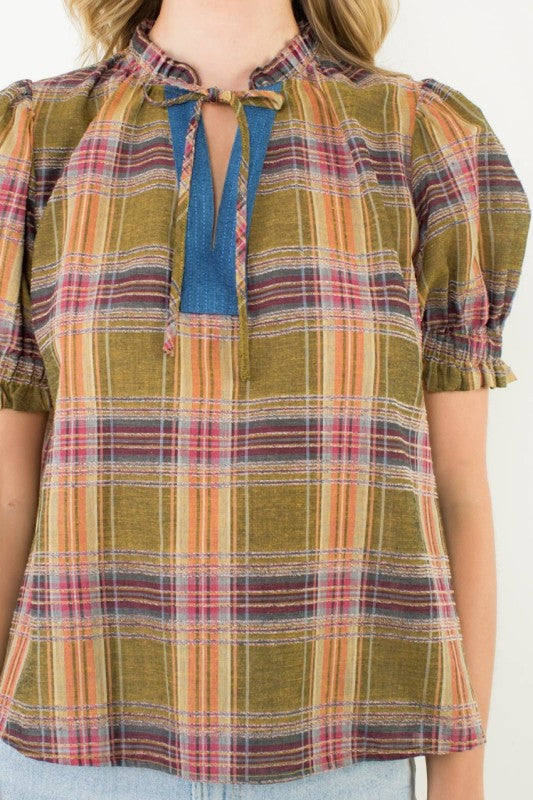 THML Women's Top Plaid Puff Sleeve Contrast Neck Top