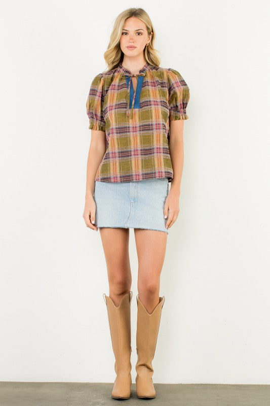 THML Women's Top Plaid Puff Sleeve Contrast Neck Top