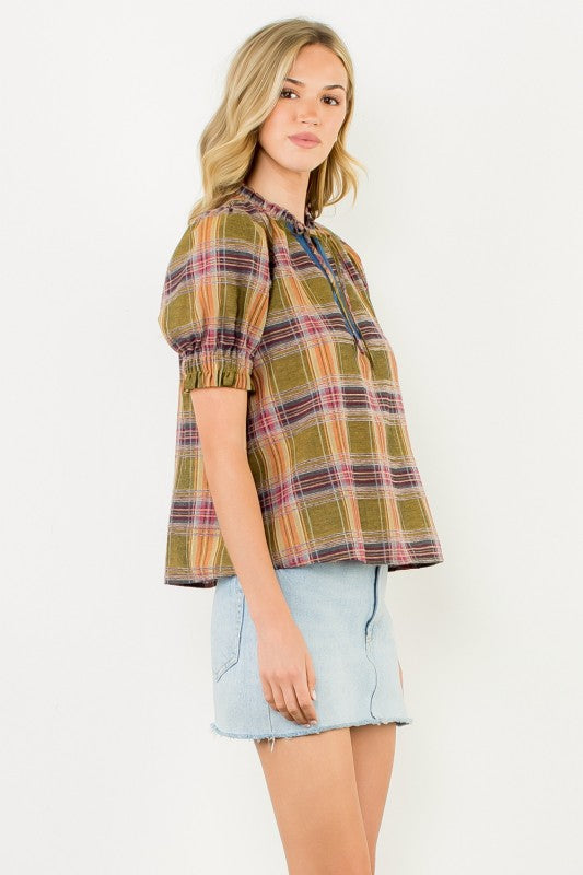 THML Women's Top Plaid Puff Sleeve Contrast Neck Top