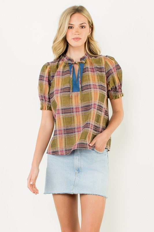 THML Women's Top Plaid Puff Sleeve Contrast Neck Top