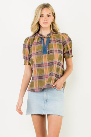 THML Women's Top Plaid Puff Sleeve Contrast Neck Top