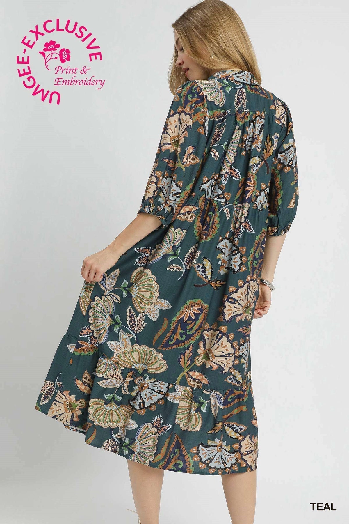 UMGEE USA Women's Dresses Boho Paisley Tiered Midi Dress || David's Clothing