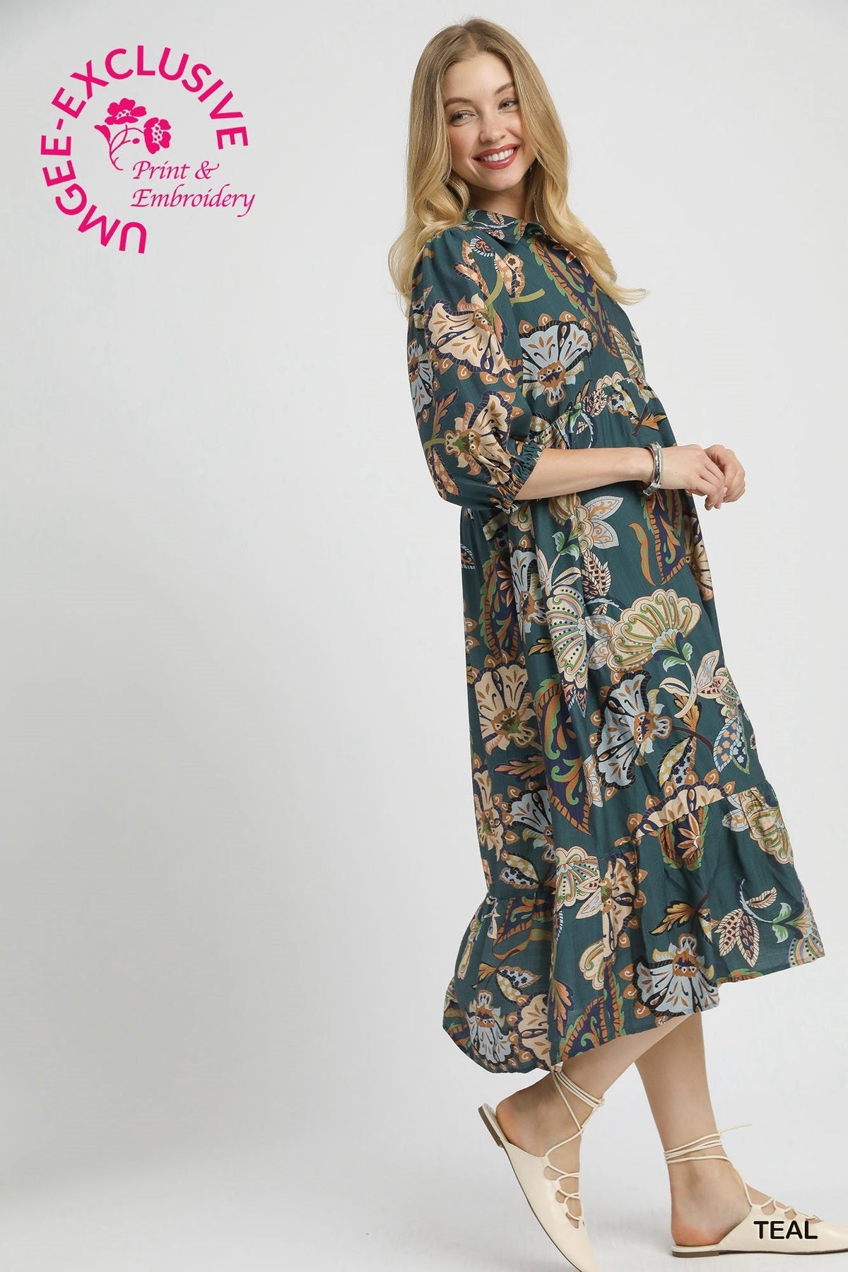 UMGEE USA Women's Dresses Boho Paisley Tiered Midi Dress || David's Clothing