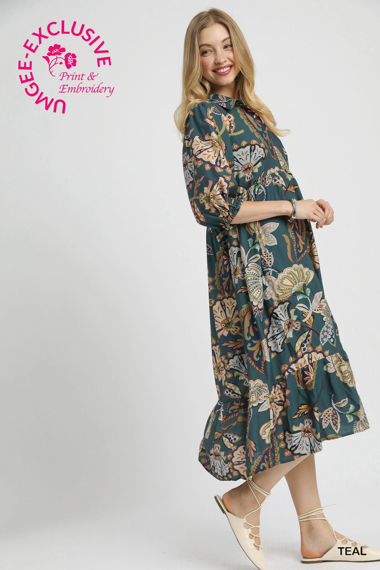 UMGEE USA Women's Dresses Boho Paisley Tiered Midi Dress || David's Clothing