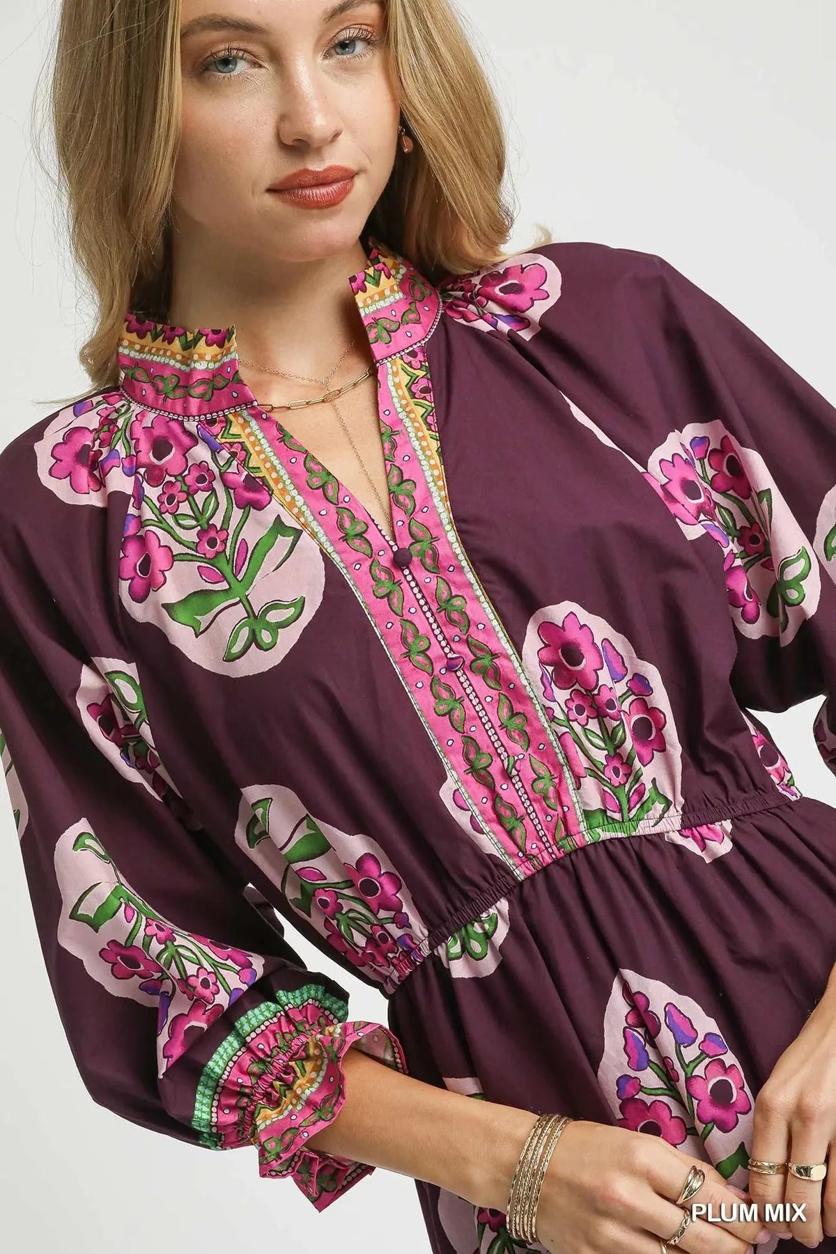 UMGEE USA Women's Dresses Flower Patch Boarder Print V-Neck Midi Dress