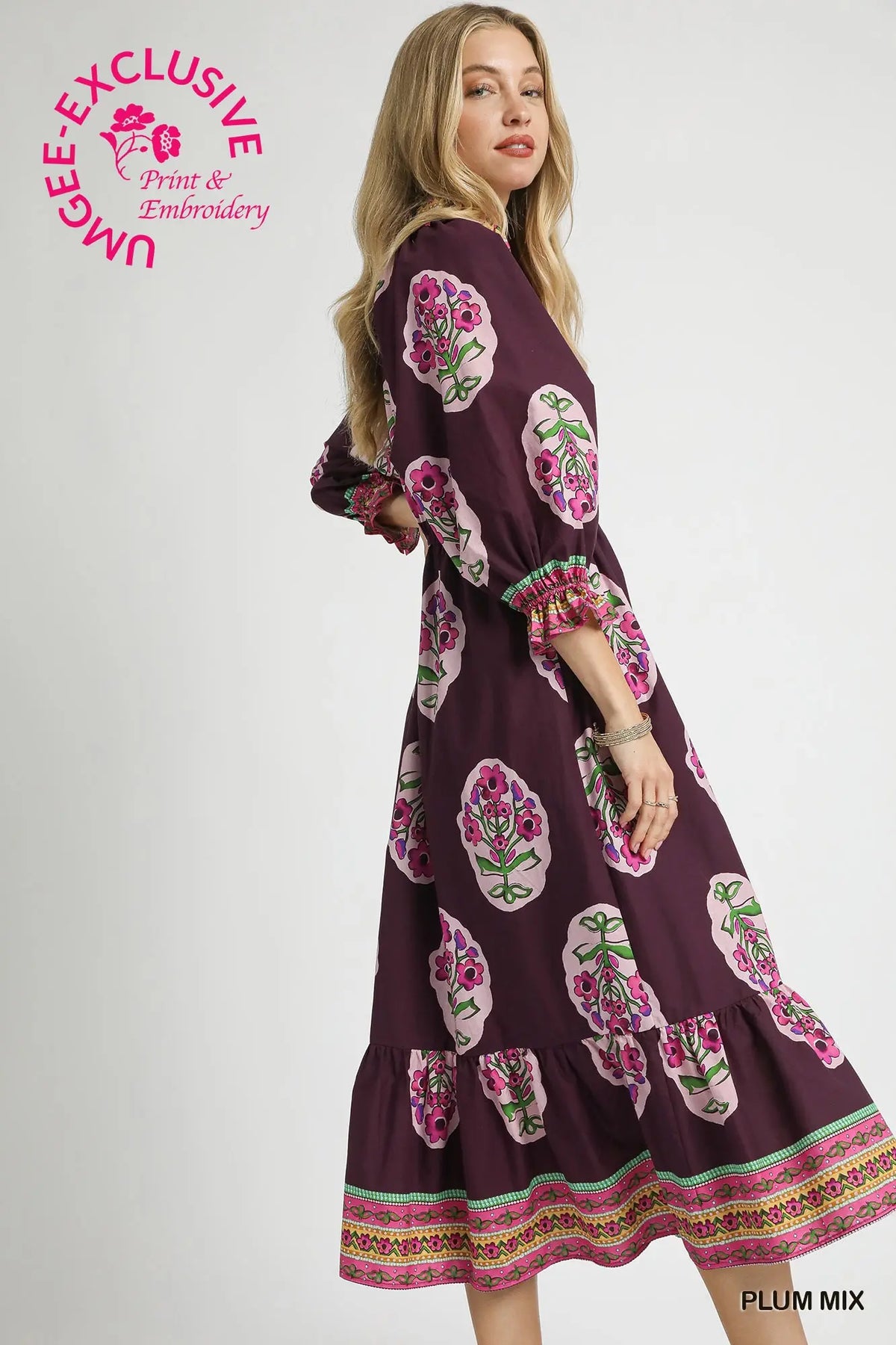 UMGEE USA Women's Dresses Flower Patch Boarder Print V-Neck Midi Dress