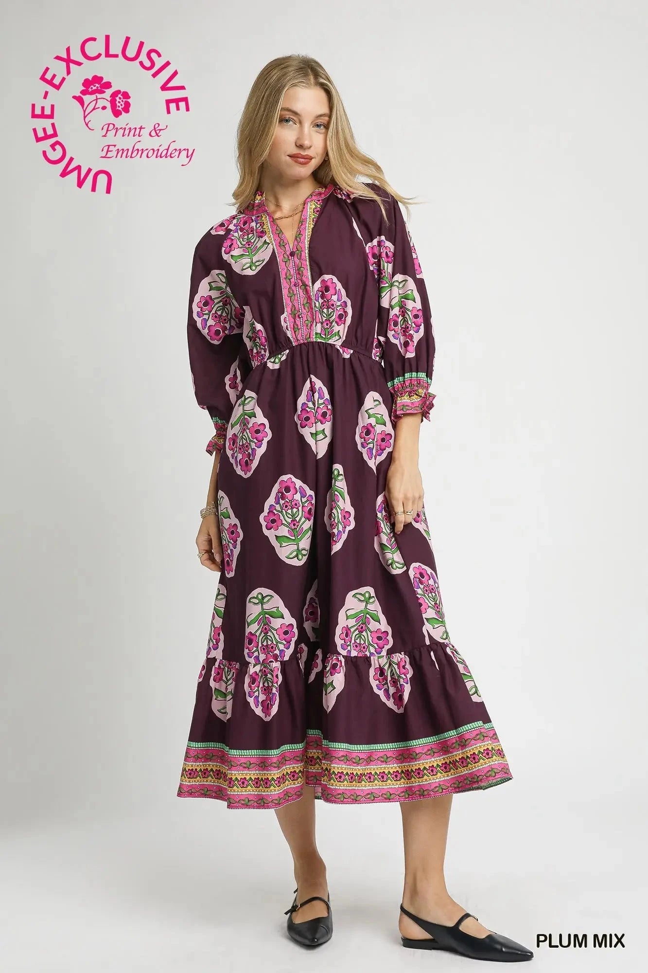 UMGEE USA Women's Dresses Flower Patch Boarder Print V-Neck Midi Dress