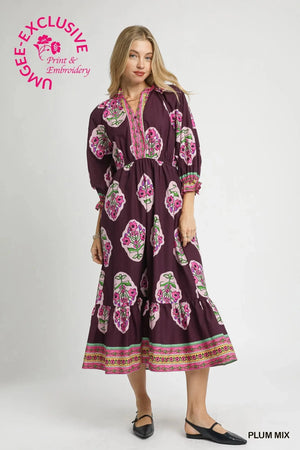 UMGEE USA Women's Dresses Flower Patch Boarder Print V-Neck Midi Dress