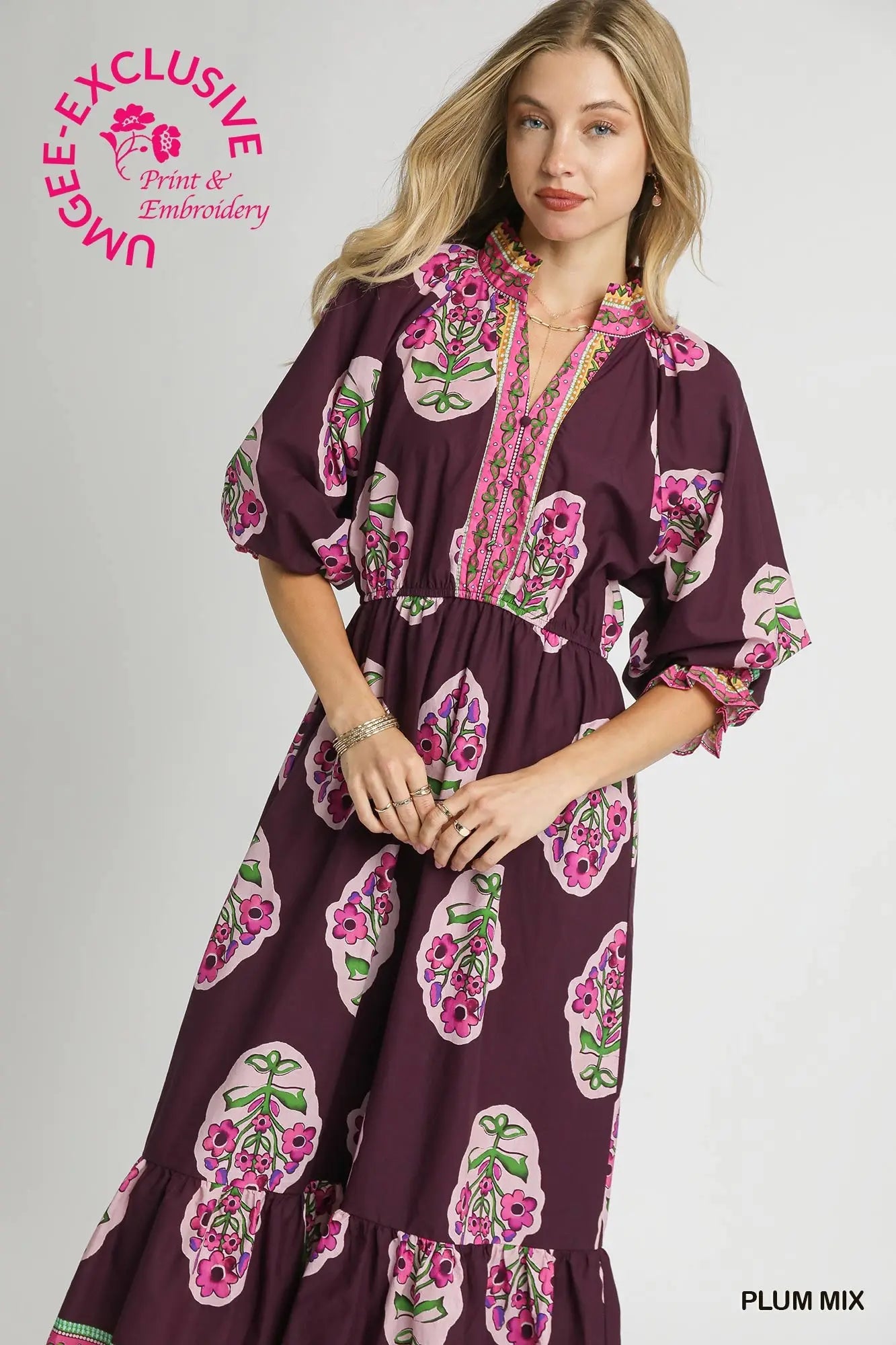 UMGEE USA Women's Dresses Flower Patch Boarder Print V-Neck Midi Dress