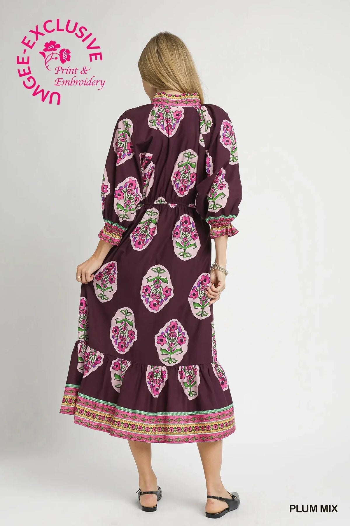 UMGEE USA Women's Dresses Flower Patch Boarder Print V-Neck Midi Dress