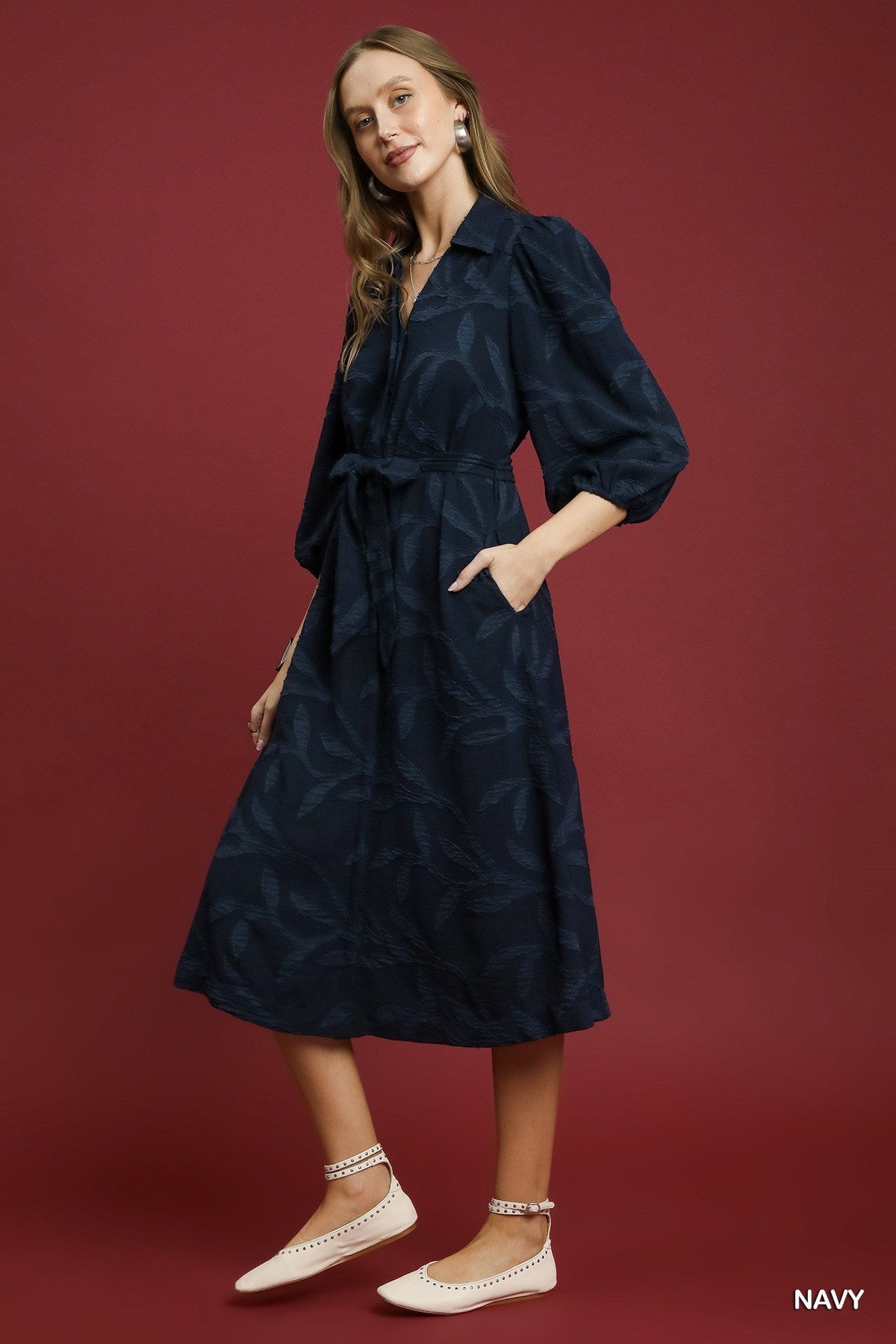 UMGEE USA Women's Dresses Jacquard Midi Dress with Waist Tie || David's Clothing