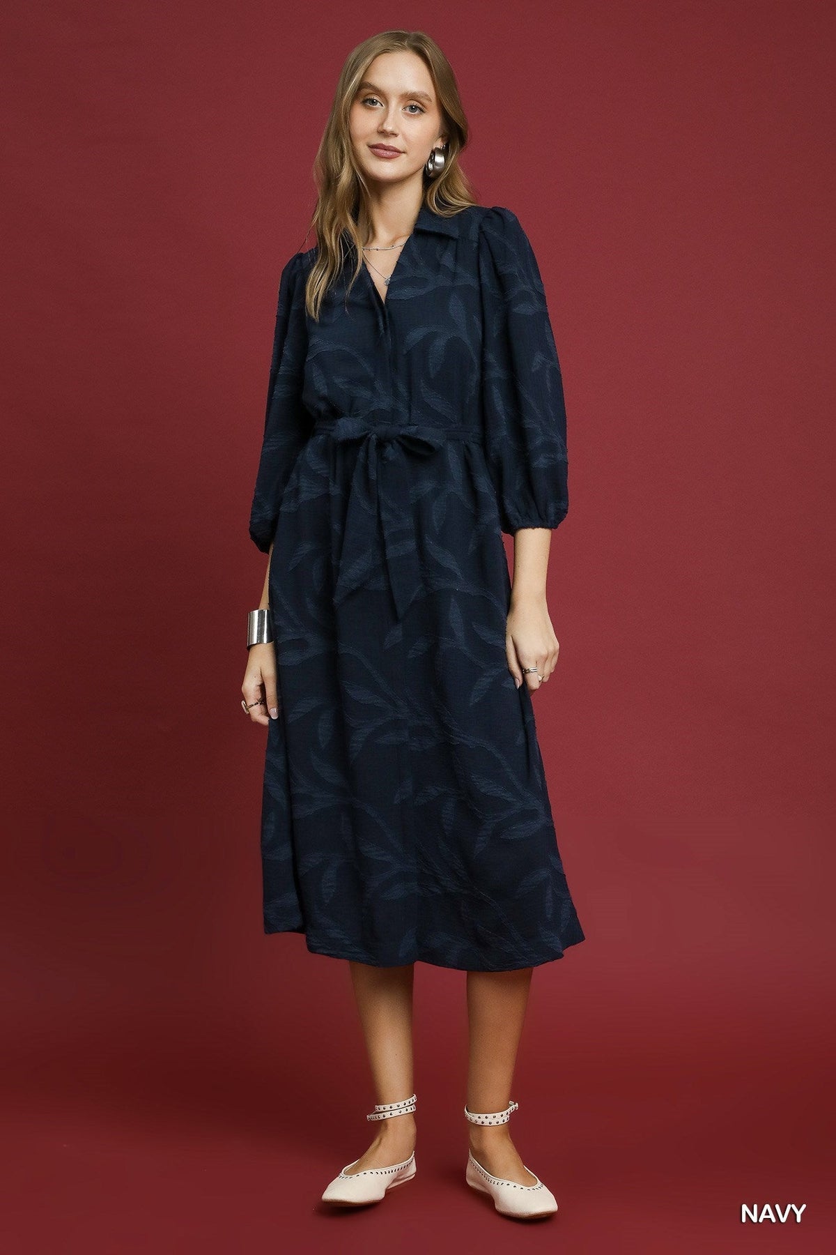 UMGEE USA Women's Dresses Jacquard Midi Dress with Waist Tie || David's Clothing