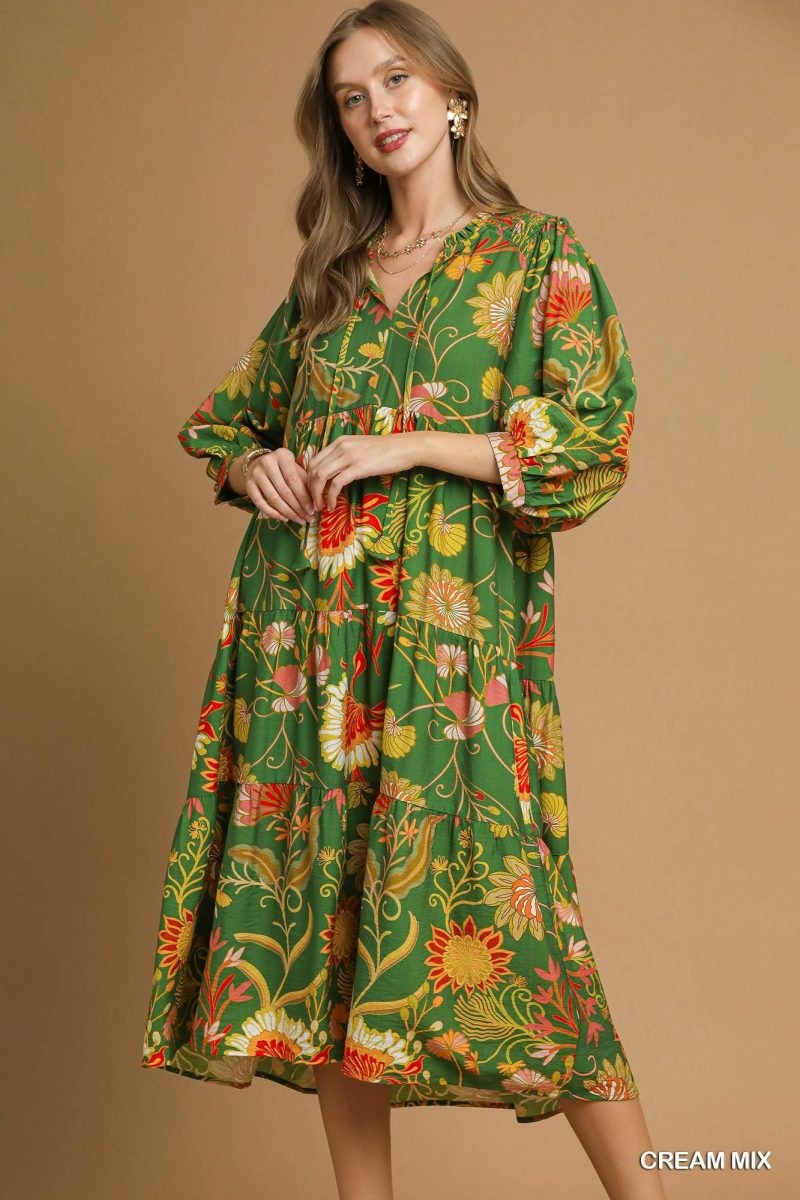 UMGEE USA Women's Dresses Mix Floral Tiered Midi Dress || David's Clothing