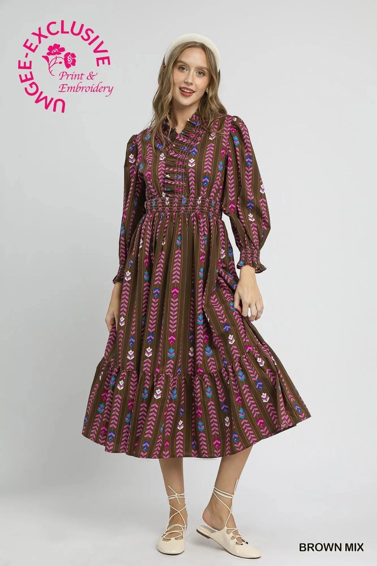 UMGEE USA Women's Dresses Striped Floral Print Midi Dress with Ruffle Collar