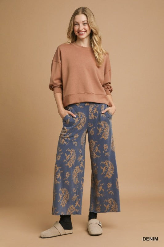UMGEE USA Women's Pants Paisley Print Mineral Wash Pant || David's Clothing