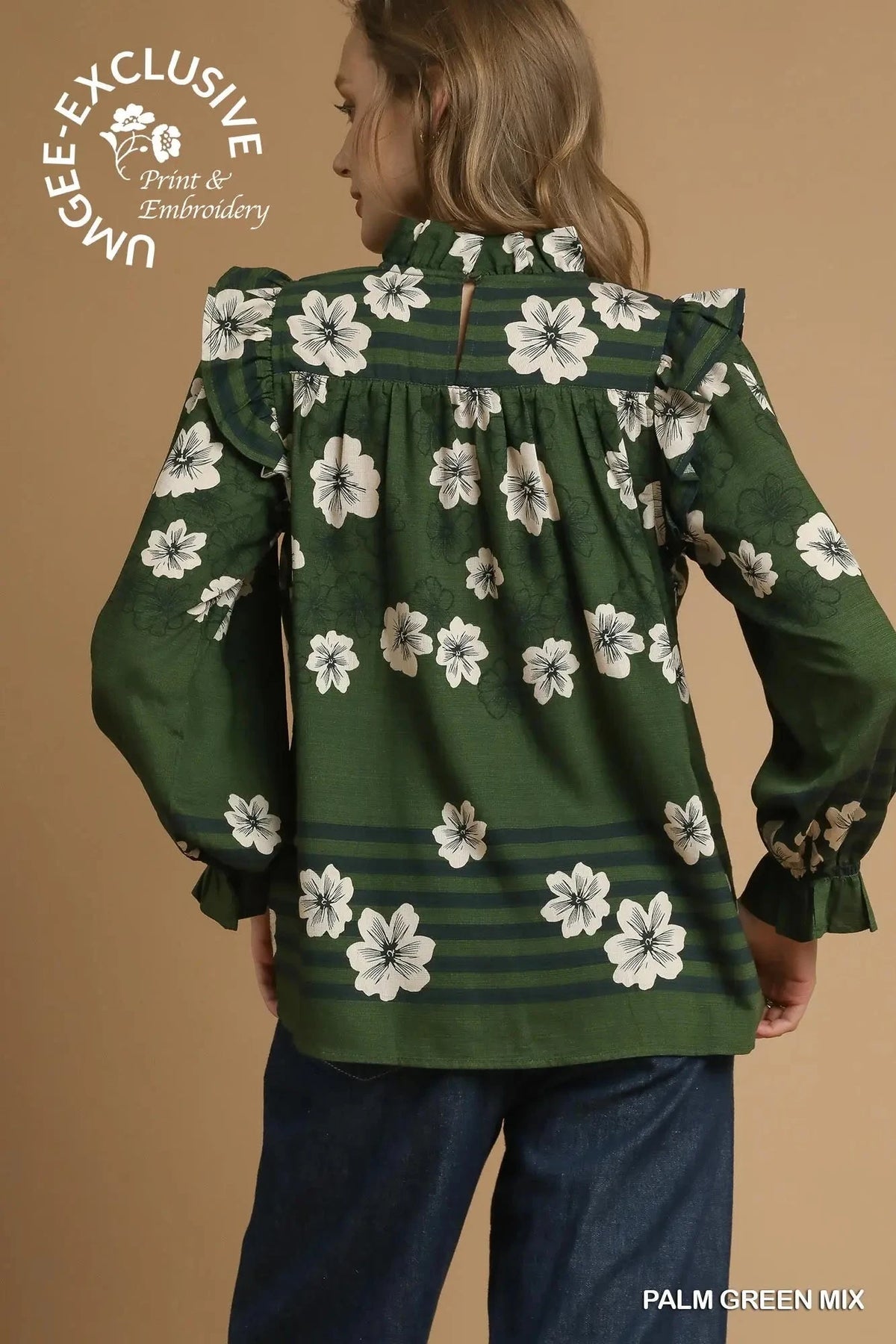 UMGEE USA Women's Top Mix Floral Smocked Ruffle Blouse || David's Clothing