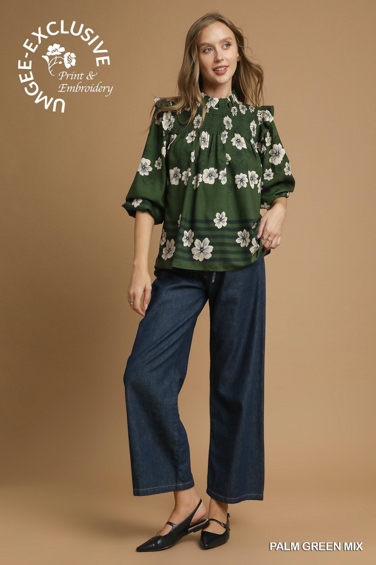 UMGEE USA Women's Top Mix Floral Smocked Ruffle Blouse || David's Clothing