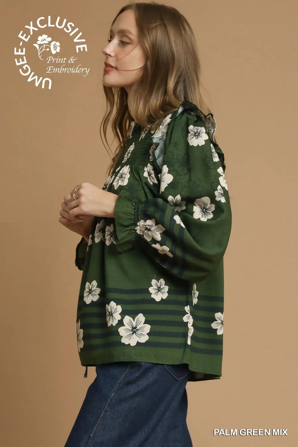 UMGEE USA Women's Top Mix Floral Smocked Ruffle Blouse || David's Clothing