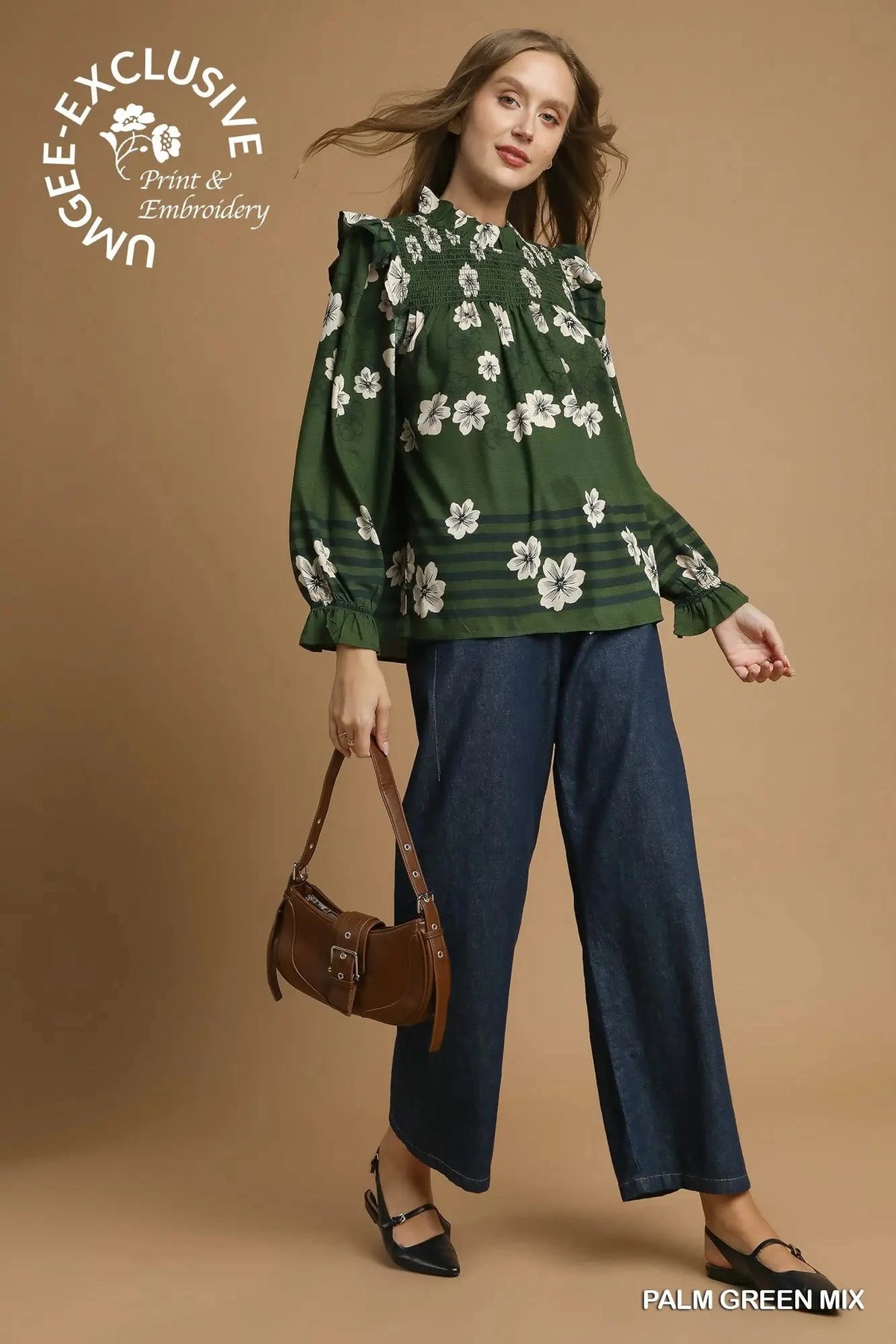 UMGEE USA Women's Top Mix Floral Smocked Ruffle Blouse || David's Clothing