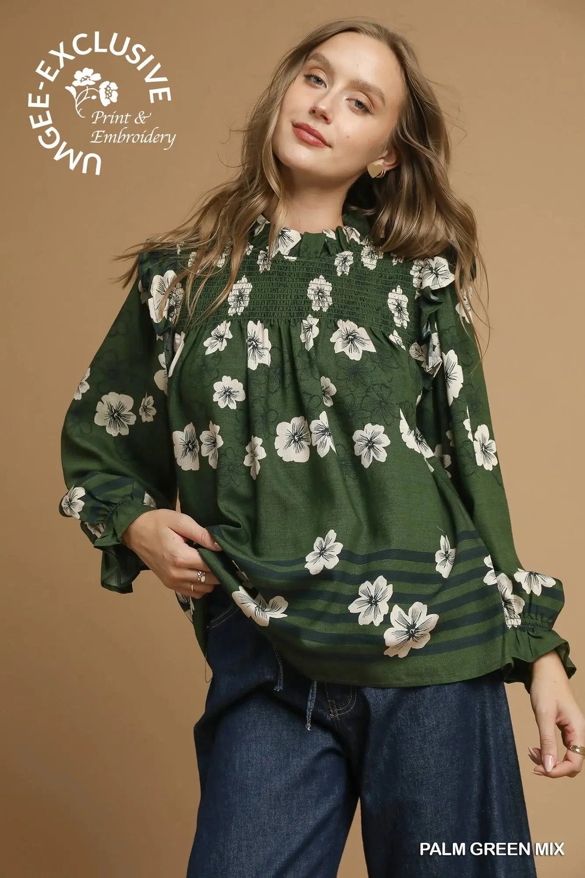 UMGEE USA Women's Top Mix Floral Smocked Ruffle Blouse || David's Clothing