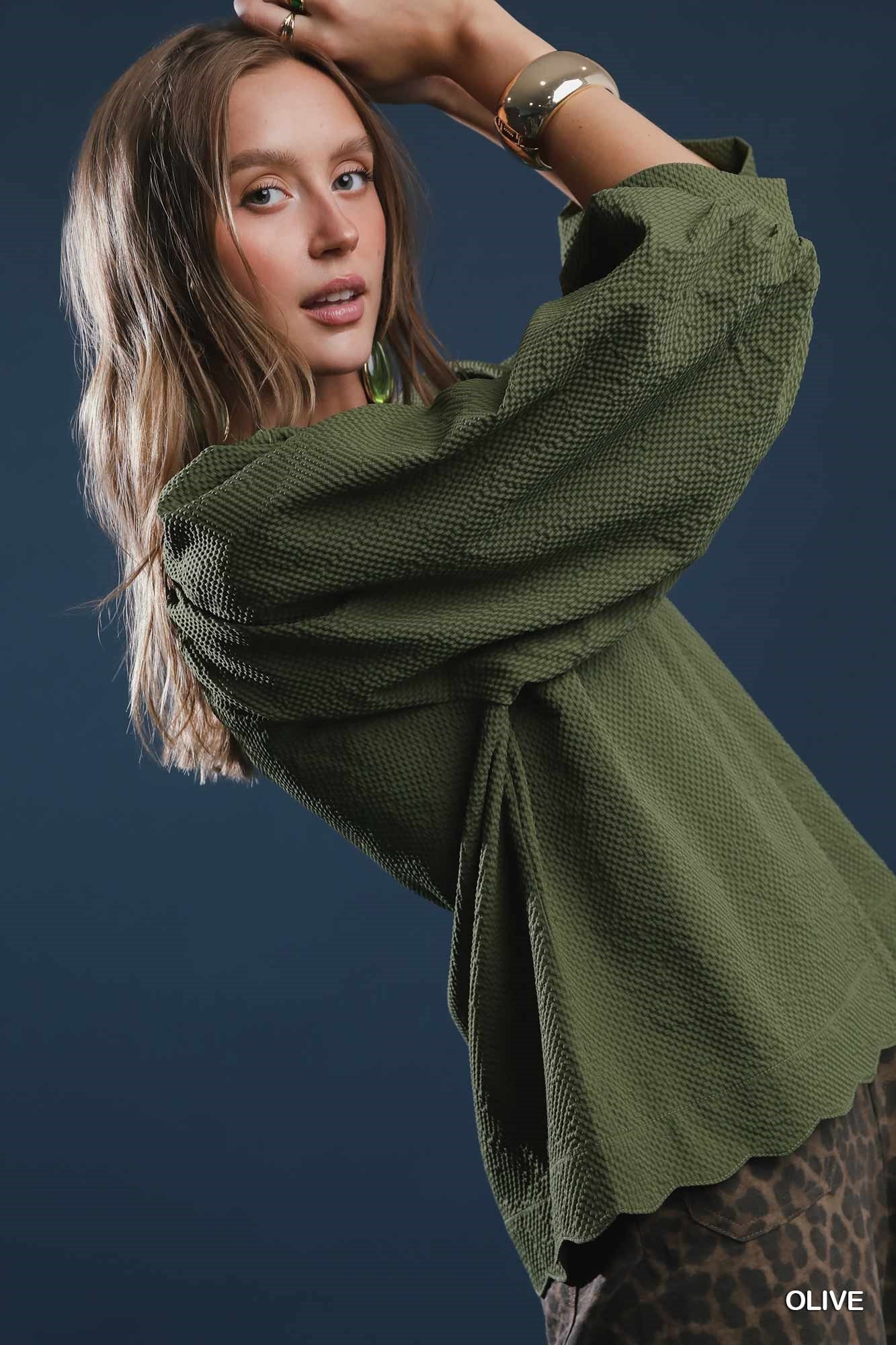UMGEE USA Women's Top OLIVE / S Split V Neck Top with Balloon Sleeves || David's Clothing C5060