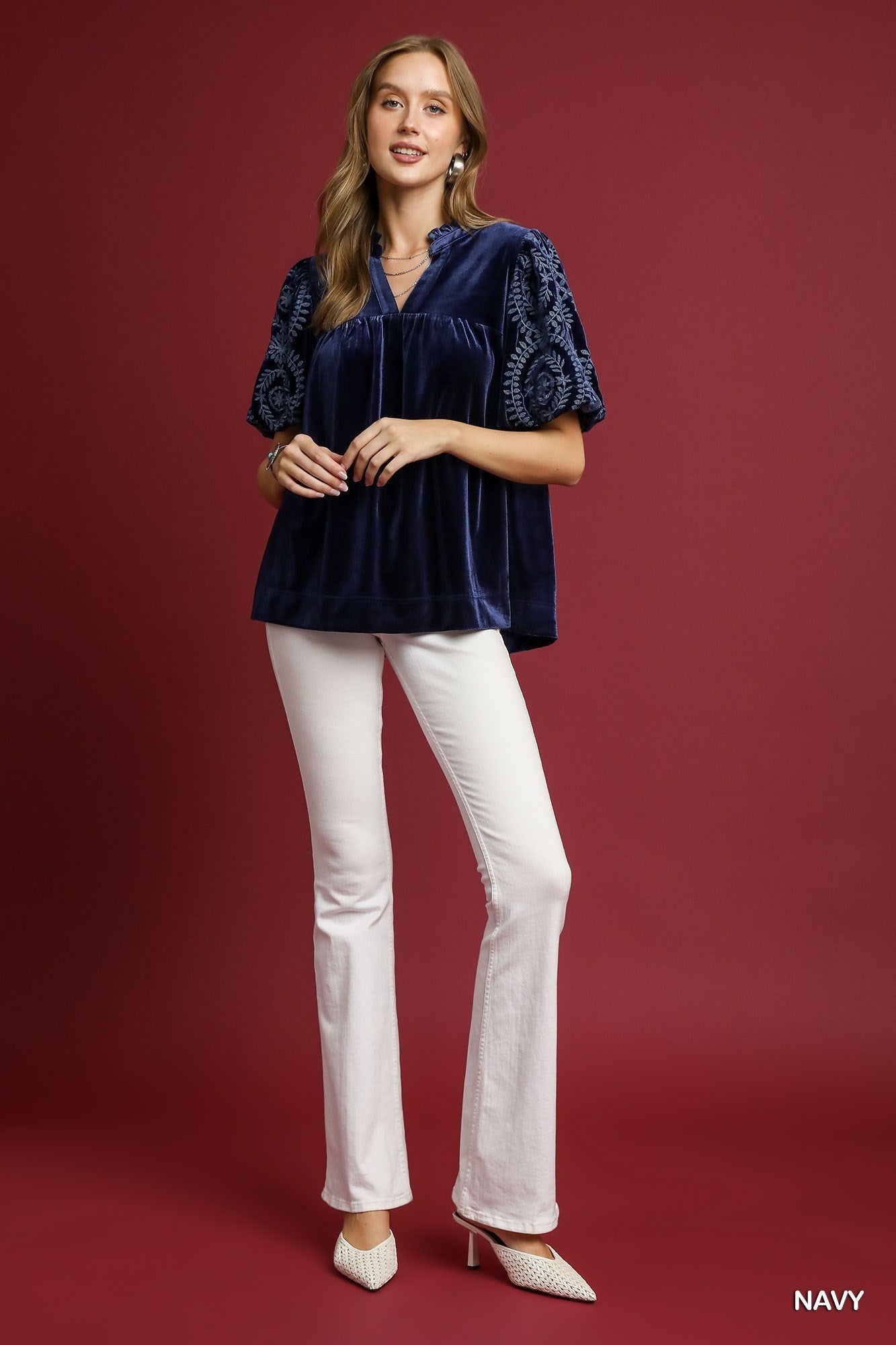 UMGEE USA Women's Top NAVY / S Velvet Embroidered Sleeve Top K8950