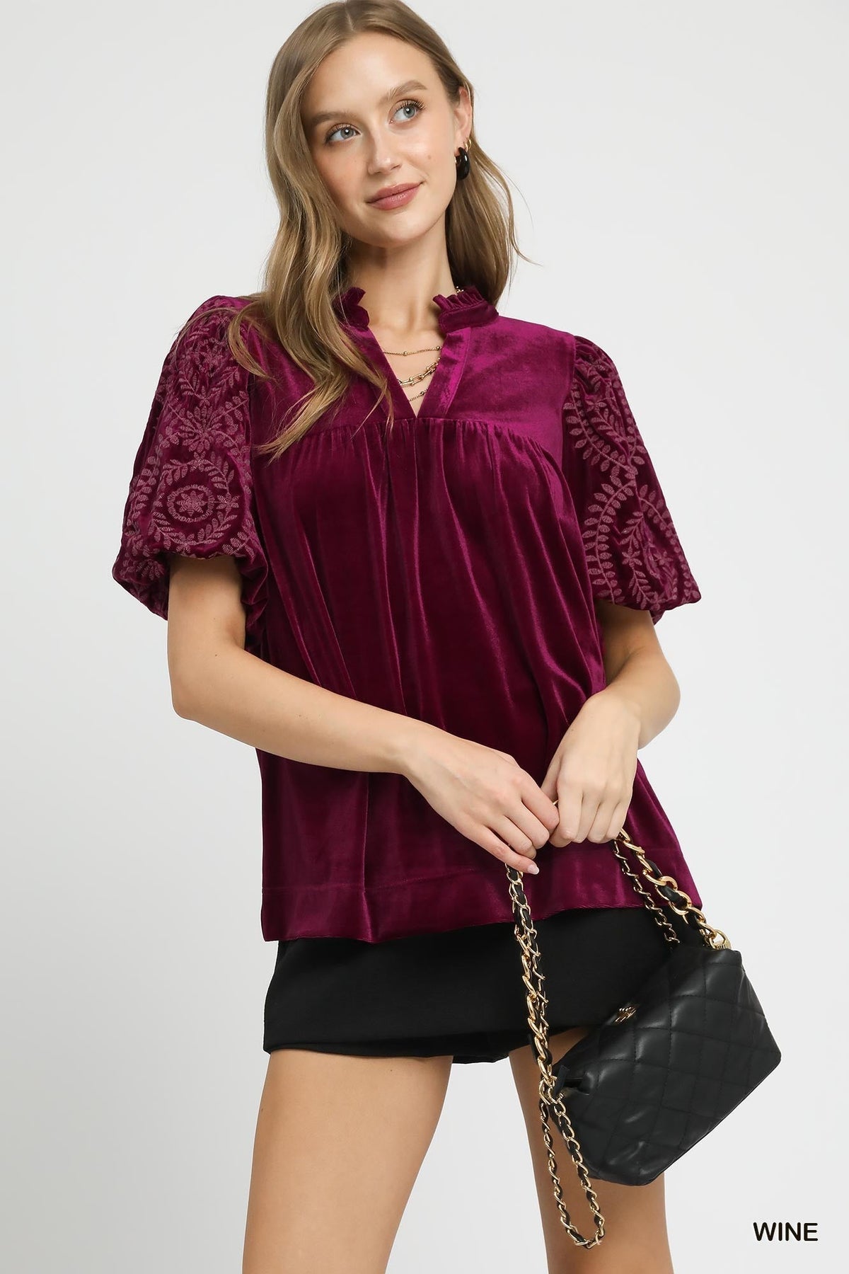 UMGEE USA Women's Top WINE / S Velvet Embroidered Sleeve Top K8950