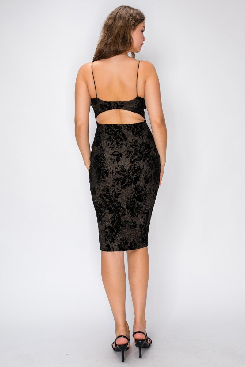VINTAGE STORE Women's Dress Flocking Deep V-neckline Floral Velvet Midi Dress