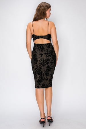 VINTAGE STORE Women's Dress Flocking Deep V-neckline Floral Velvet Midi Dress
