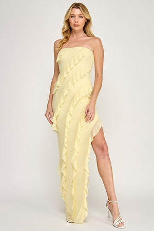 VINTAGE STORE Women's Dresses Tube Mesh Frilled Slit Side Dress