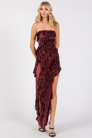 VINTAGE STORE Women's Dresses Velvet Floral Print Mesh Ruffled Long Dress || David's Clothing