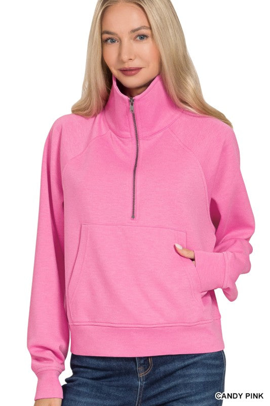 ZENANA Women's Pullovers Scuba Half Zip Pullover With Kangaroo Pocket