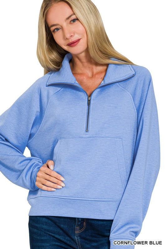 ZENANA Women's Pullovers Scuba Half Zip Pullover With Kangaroo Pocket