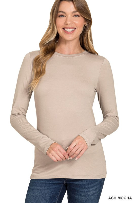 ZENANA Women's Top BROWN / S Brushed Microfiber Long Sleeve Round Neck Tee MT-2053M8